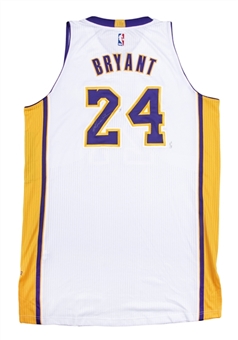 2014-15 Kobe Bryant Photo Matched Game Used and Signed White Los Angeles Lakers Jersey Worn January 4, 2015 vs Indiana Pacers (MeiGray & Beckett)